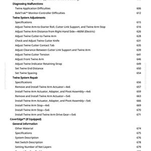 K&ouml;nnte beinhalten: Ein detailliertes Inhaltsverzeichnis aus einem Handbuch mit &Uuml;berschriften und Seitenzahlen. Der Text enth&auml;lt "Twine Application", "Diagnosing Malfunctions" und "Twine System Adjustments". Die Seitenzahl "7" ist unten sichtbar.