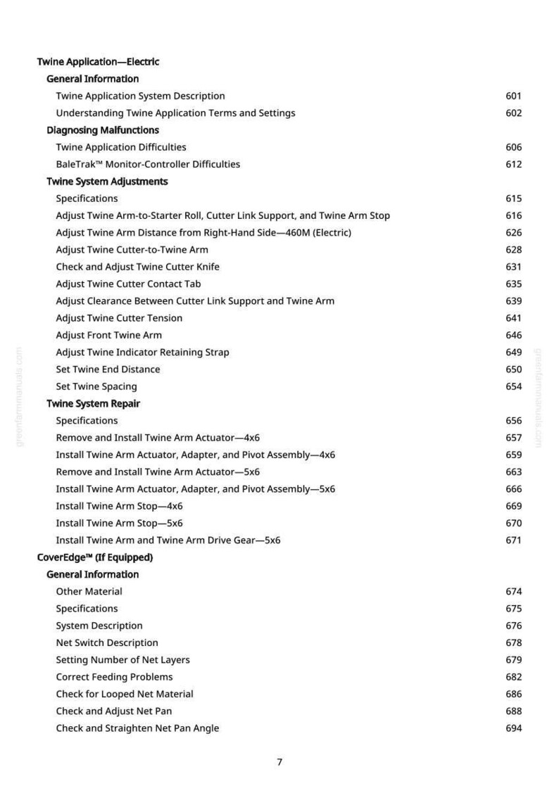 K&ouml;nnte beinhalten: Ein detailliertes Inhaltsverzeichnis aus einem Handbuch mit &Uuml;berschriften und Seitenzahlen. Der Text enth&auml;lt "Twine Application", "Diagnosing Malfunctions" und "Twine System Adjustments". Die Seitenzahl "7" ist unten sichtbar.