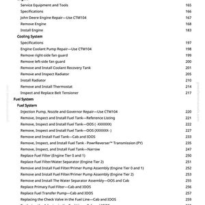 May include: A detailed contents page from a manual, listing engine repair, cooling system, fuel system, and air intake system procedures. Includes page numbers for each section.