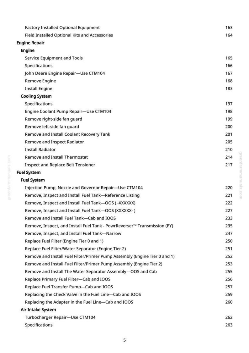 May include: A detailed contents page from a manual, listing engine repair, cooling system, fuel system, and air intake system procedures. Includes page numbers for each section.