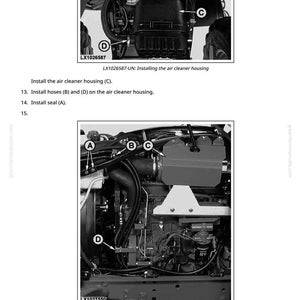 Op de afbeelding: Diagram van motoronderdelen van een tractor, inclusief de luchtfilterbehuizing, slangen en afdichting. De afbeelding toont het installatieproces, met labels A, B, C en D die naar specifieke onderdelen verwijzen. De tekst bevat montage-instructies.