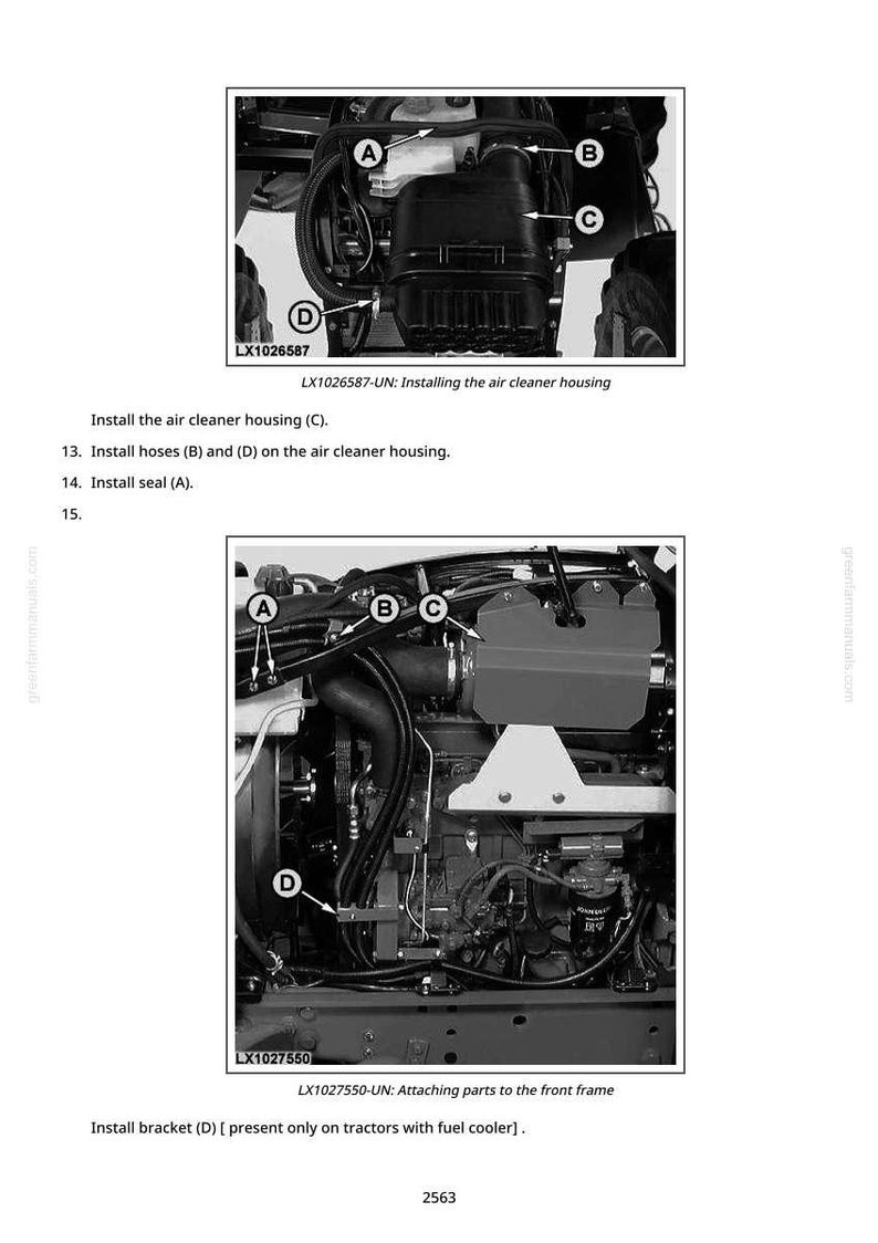 Op de afbeelding: Diagram van motoronderdelen van een tractor, inclusief de luchtfilterbehuizing, slangen en afdichting. De afbeelding toont het installatieproces, met labels A, B, C en D die naar specifieke onderdelen verwijzen. De tekst bevat montage-instructies.