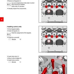 K&ouml;nnte beinhalten: Diagramm von Motorsteuerungsteilen mit Anweisungen. Das Bild enth&auml;lt detaillierte Illustrationen von Komponenten, darunter St&ouml;&szlig;el, Nockenwellen und Ventilsteg. Textanweisungen werden f&uuml;r die Installation und Wartung bereitgestellt, mit Etiketten und Nummern f&uuml;r jedes Teil.