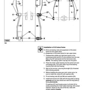 May include: Diagram of a threshing mechanism, featuring labeled components like rods, arms, and bolts. The image includes text detailing the installation of a 3-D sieve frame, with instructions for assembly and component placement.