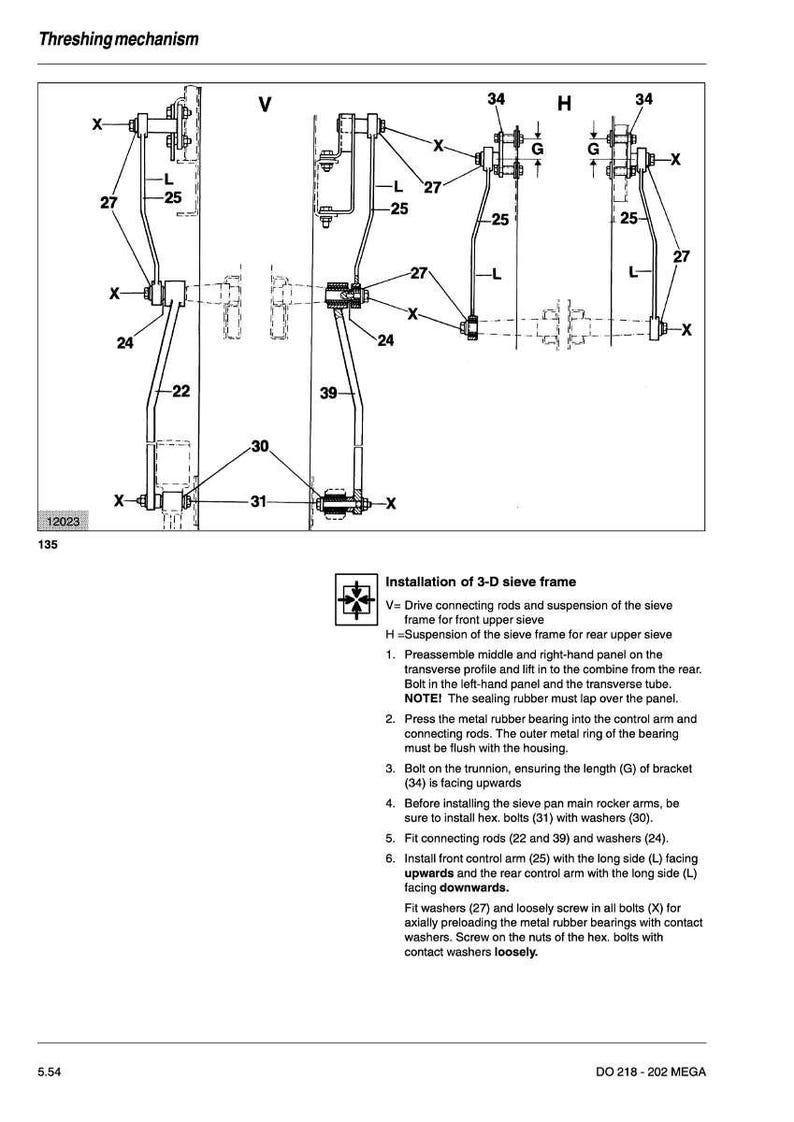 May include: Diagram of a threshing mechanism, featuring labeled components like rods, arms, and bolts. The image includes text detailing the installation of a 3-D sieve frame, with instructions for assembly and component placement.