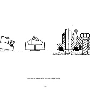 May include: Line drawings of a metric series four-bolt flange fitting. The image shows three different views of the fitting, including cross-sections and details of the bolts and seals. The text "T6890BB-UN: Metric Series Four Bolt Flange Fitting" is at the bottom.