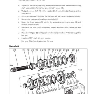 Puede incluir: Diagrama de un manual de taller para tractores de la serie 5300. La imagen muestra una vista explosionada de un conjunto de caja de cambios, con varios engranajes, ejes y componentes etiquetados con n&uacute;meros. El texto incluye advertencias e instrucciones de montaje y mantenimiento.