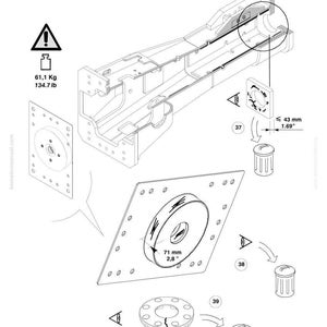 May include: Technical diagram with a large, detailed component, featuring dimensions of 71 mm (2.8 inches) and 43 mm (1.69 inches). Includes a weight indication of 61.1 Kg (134.7 lb). The diagram also shows several smaller parts and assembly instructions.