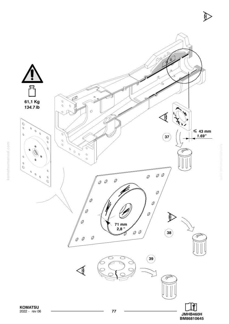 May include: Technical diagram with a large, detailed component, featuring dimensions of 71 mm (2.8 inches) and 43 mm (1.69 inches). Includes a weight indication of 61.1 Kg (134.7 lb). The diagram also shows several smaller parts and assembly instructions.