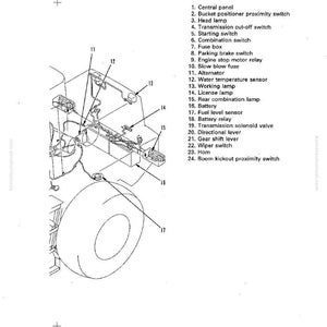May include: An electrical wiring diagram for a WA180-3 model, featuring a detailed illustration of the vehicle's components. The diagram includes labels for various parts such as the central panel, head lamp, and battery.