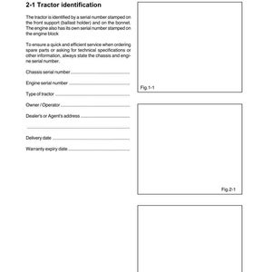 Op de afbeelding: Een pagina uit een tractormanual met de titel "Tractor identificatie en technische gegevens". De tekst bevat instructies voor het identificeren van de tractor met behulp van serienummers en velden voor het vastleggen van informatie.