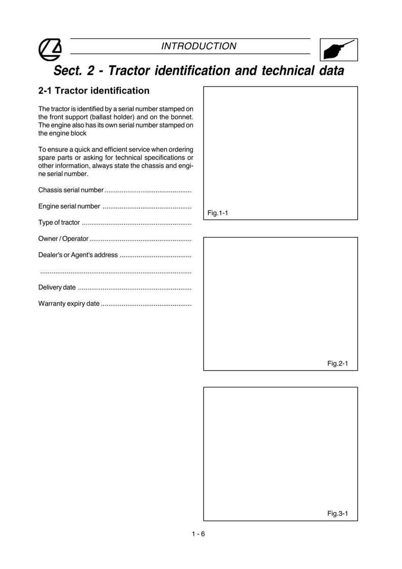 Op de afbeelding: Een pagina uit een tractormanual met de titel "Tractor identificatie en technische gegevens". De tekst bevat instructies voor het identificeren van de tractor met behulp van serienummers en velden voor het vastleggen van informatie.