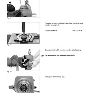 May include: Diagram of a disassembly process, with text instructions and illustrations. The images show various steps, including removing bolts, pressing bearings, and separating components. Text includes "DISASSEMBLY" and "Pay attention to the double u-joint shaft!"