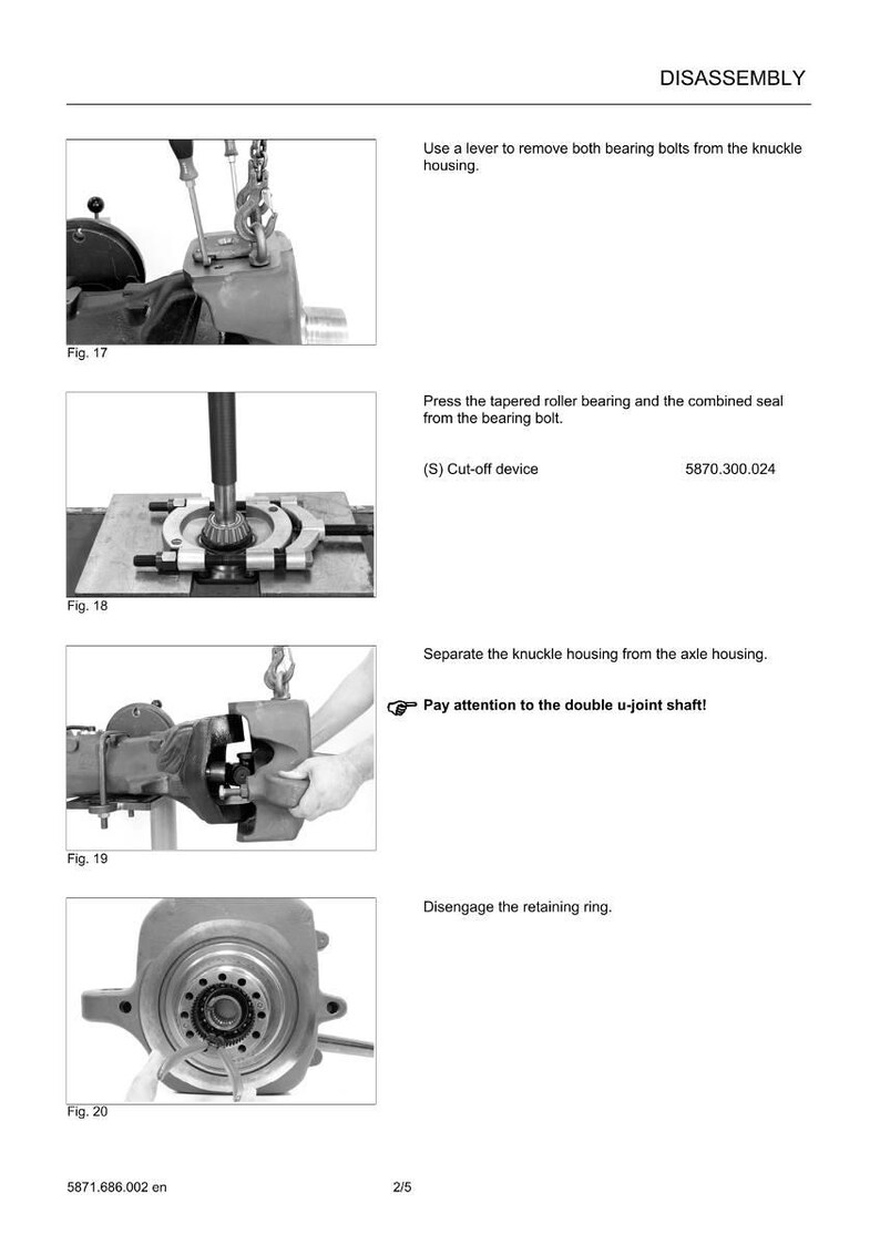 May include: Diagram of a disassembly process, with text instructions and illustrations. The images show various steps, including removing bolts, pressing bearings, and separating components. Text includes "DISASSEMBLY" and "Pay attention to the double u-joint shaft!"