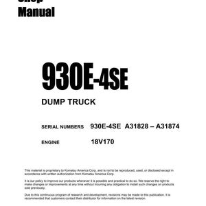 May include: A white page with the text "Shop Manual" and "930E-4SE DUMP TRUCK" in bold black font. Additional text includes serial numbers, engine specifications, and the Komatsu logo. The copyright date is December 2021.