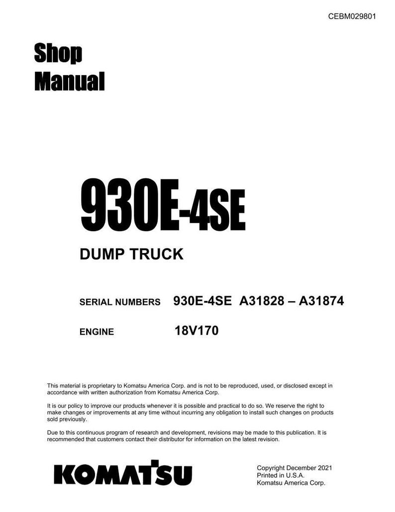 May include: A white page with the text "Shop Manual" and "930E-4SE DUMP TRUCK" in bold black font. Additional text includes serial numbers, engine specifications, and the Komatsu logo. The copyright date is December 2021.