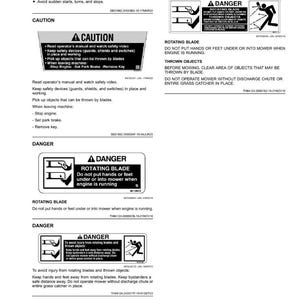 K&ouml;nnte beinhalten: Eine wei&szlig;e Seite mit Sicherheitshinweisen und Text. Die Etiketten warnen vor rotierenden Messern und geworfenen Gegenst&auml;nden, mit Anweisungen zur Vermeidung von Verletzungen. Der Text enth&auml;lt Sicherheitsvorkehrungen.