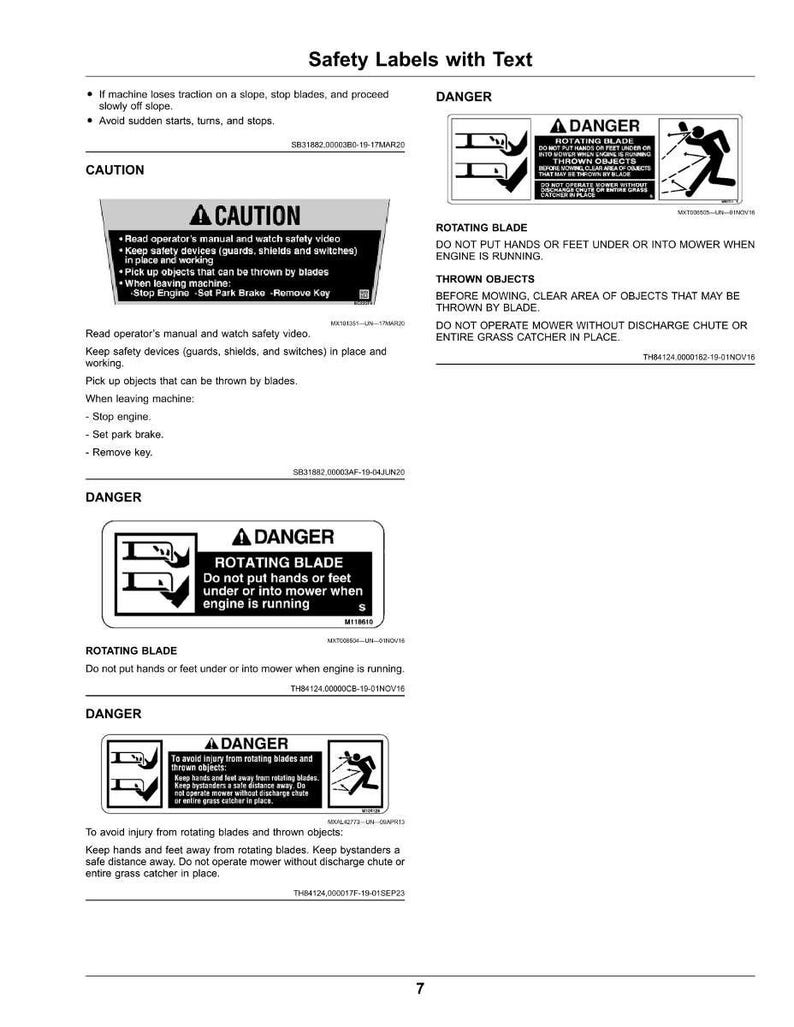 K&ouml;nnte beinhalten: Eine wei&szlig;e Seite mit Sicherheitshinweisen und Text. Die Etiketten warnen vor rotierenden Messern und geworfenen Gegenst&auml;nden, mit Anweisungen zur Vermeidung von Verletzungen. Der Text enth&auml;lt Sicherheitsvorkehrungen.