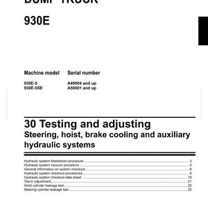 May include: Shop manual for a Dump Truck 930E. The manual includes information on testing and adjusting steering, hoist, brake cooling, and hydraulic systems. The Komatsu logo is at the bottom of the page.