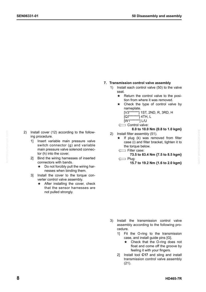 Puede incluir: Un diagrama t&eacute;cnico con instrucciones para el montaje de la v&aacute;lvula de control de la transmisi&oacute;n, incluyendo especificaciones de par en Newton-metros y kilogramo-metros. El documento incluye pasos numerados y diagramas.