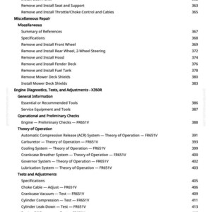 May include: A page from a manual with a table of contents for engine diagnostics and repair. The text includes sections on removing panels, wheels, and the fuel tank, along with engine tests and adjustments.