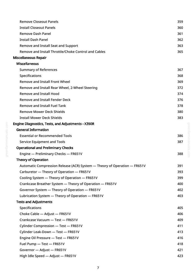 May include: A page from a manual with a table of contents for engine diagnostics and repair. The text includes sections on removing panels, wheels, and the fuel tank, along with engine tests and adjustments.