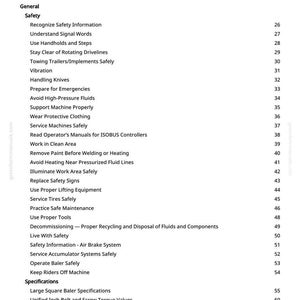 May include: A white page titled "Table of Contents" from a manual. The table lists safety topics, including "Handling Knives" and "Avoid High-Pressure Fluids." Page numbers are listed on the right. The manual covers baler specifications.
