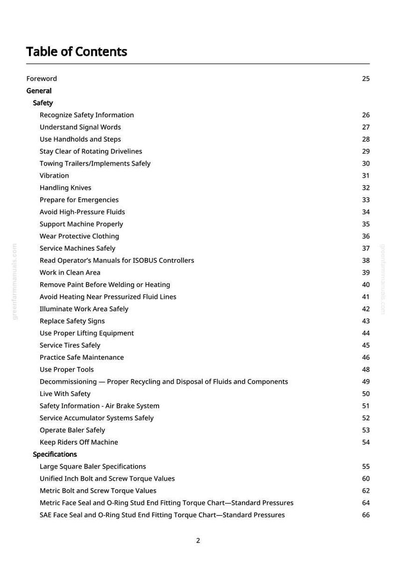 May include: A white page titled "Table of Contents" from a manual. The table lists safety topics, including "Handling Knives" and "Avoid High-Pressure Fluids." Page numbers are listed on the right. The manual covers baler specifications.