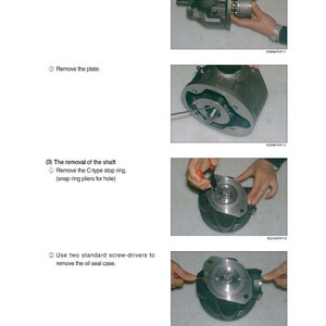 May include: A series of four images illustrating the disassembly of a mechanical component. The steps include removing the rotary group, removing the plate, removing the C-type stop ring, and removing the oil seal case. Tools like screwdrivers and pliers are used.