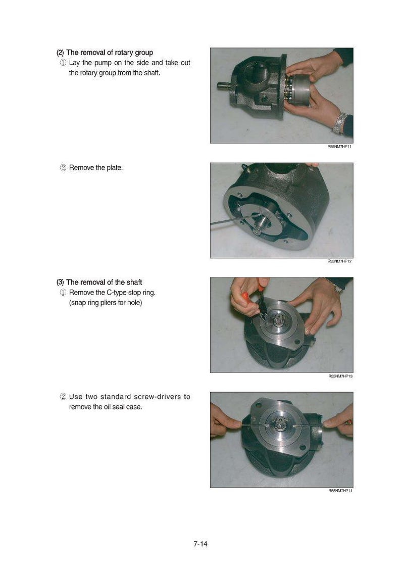 May include: A series of four images illustrating the disassembly of a mechanical component. The steps include removing the rotary group, removing the plate, removing the C-type stop ring, and removing the oil seal case. Tools like screwdrivers and pliers are used.