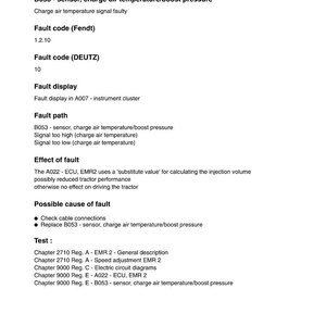 May include: A diagnostic document for Fendt tractors, detailing the EMR troubleshooting program. The document includes fault codes, fault paths, and possible causes for issues related to the charge air temperature sensor. The document is dated July 15, 2002.