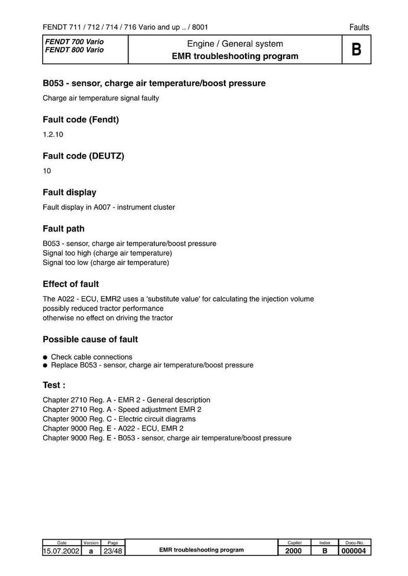 May include: A diagnostic document for Fendt tractors, detailing the EMR troubleshooting program. The document includes fault codes, fault paths, and possible causes for issues related to the charge air temperature sensor. The document is dated July 15, 2002.