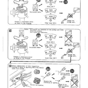 May include: Diagrams showing steps for troubleshooting a car's ignition system. Includes instructions for checking resistance, identifying spark issues, and replacing components. Text includes measurements and technical terms.