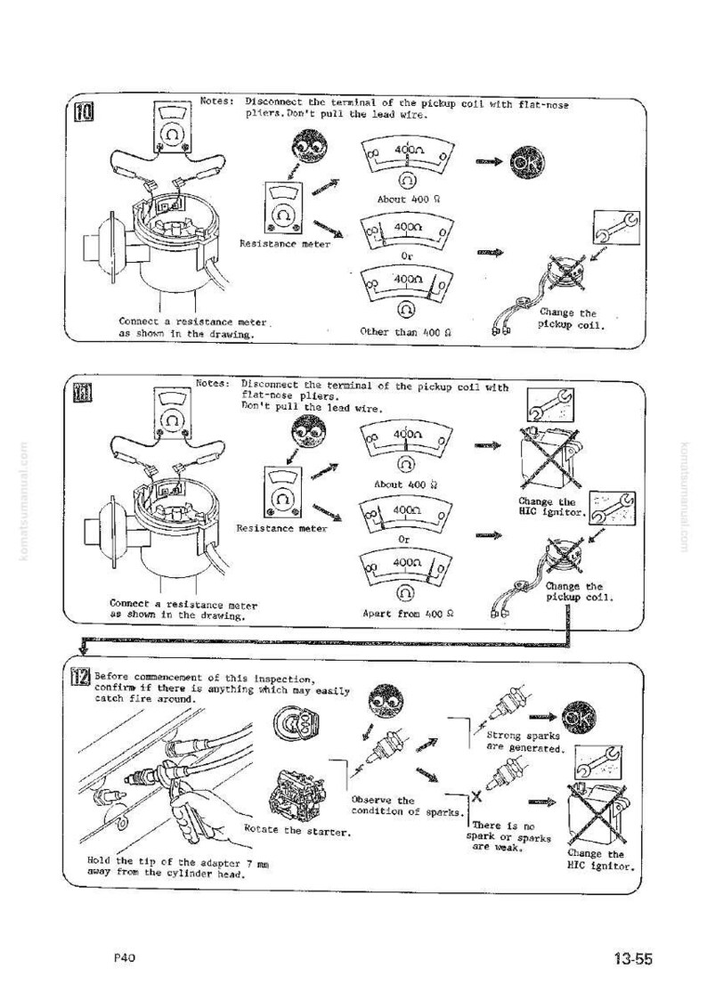 May include: Diagrams showing steps for troubleshooting a car's ignition system. Includes instructions for checking resistance, identifying spark issues, and replacing components. Text includes measurements and technical terms.