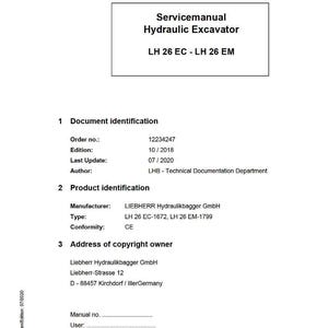 May include: A white document titled "Servicemanual Hydraulic Excavator LH 26 EC - LH 26 EM." The document includes sections for document and product identification, and copyright information. The manufacturer is LIEBHERR Hydraulikbagger GmbH.