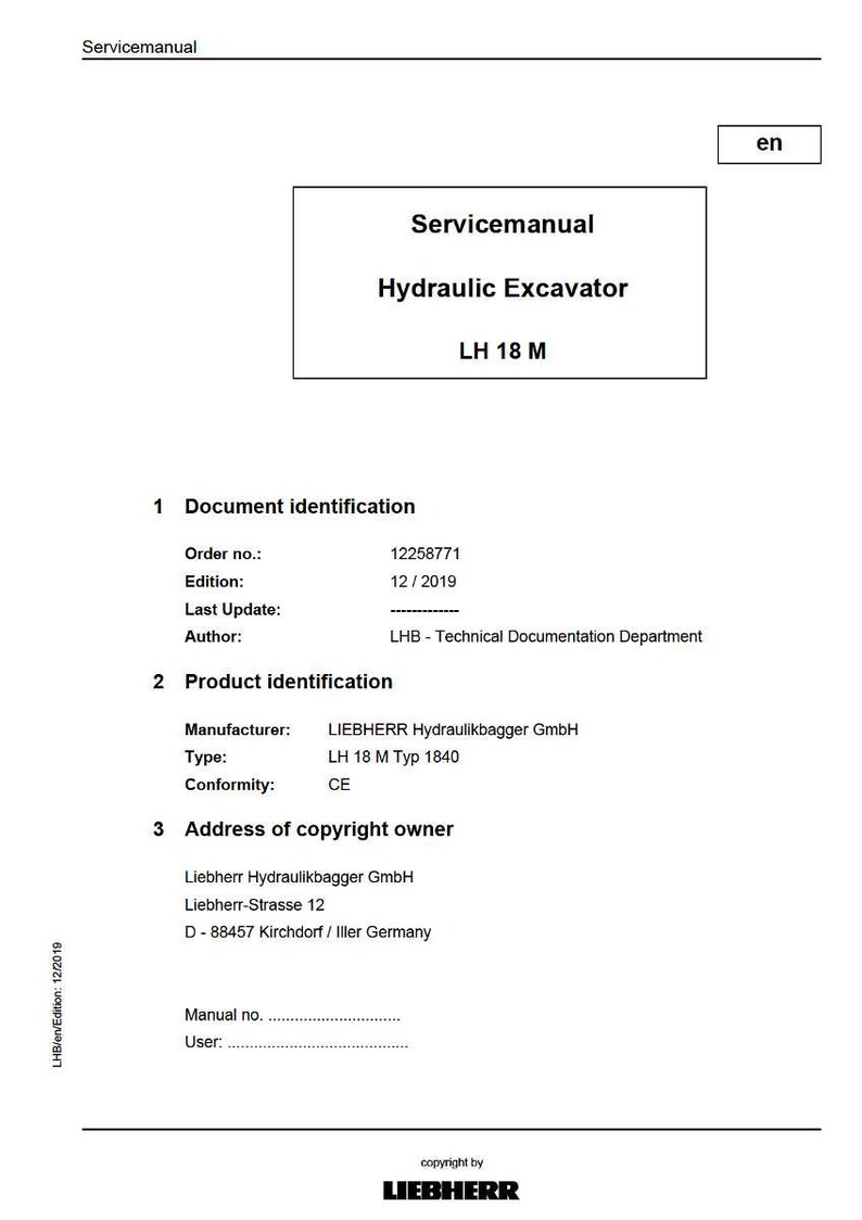 May include: A white Servicemanual for a Hydraulic Excavator LH 18 M. The document includes details such as the order number, edition date, and manufacturer information. The LIEBHERR logo is at the bottom.