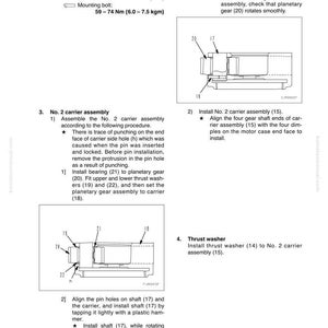 May include: Diagram of a mechanical assembly process, with detailed instructions and illustrations. Includes steps for installing components like lock plates, pins, and thrust washers. Text includes measurements in Nm and kgm.