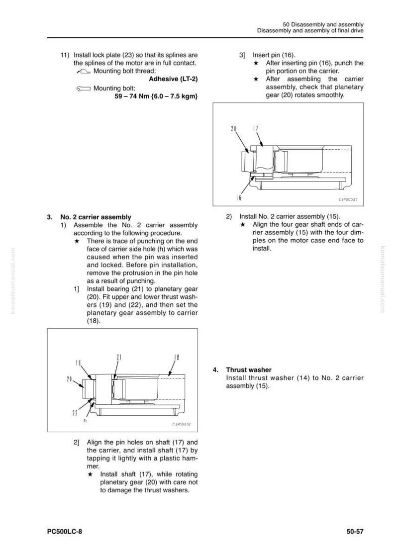 May include: Diagram of a mechanical assembly process, with detailed instructions and illustrations. Includes steps for installing components like lock plates, pins, and thrust washers. Text includes measurements in Nm and kgm.