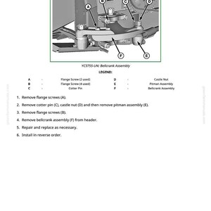 Puede incluir: Diagrama que ilustra la extracci&oacute;n e instalaci&oacute;n de un conjunto de manivela. La imagen incluye etiquetas para tornillos de brida, pasadores de chaveta, tuercas de castillo y el conjunto de la biela. Se proporcionan instrucciones de texto.