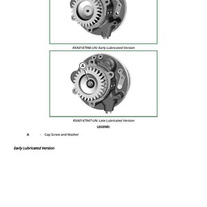 May include: Two diagrams of mechanical components, labelled "Early Lubricated Version" and "Late Lubricated Version." Each diagram shows a circular gear assembly with a toothed wheel and other internal parts. The text "Cap Screw and Washer" is also present.