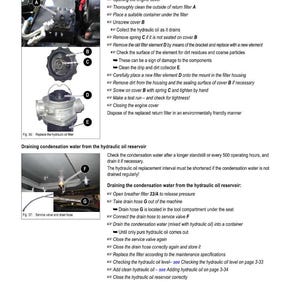 May include: Diagram of hydraulic oil filter maintenance, including steps for replacing the filter and draining condensation water. The image shows components labeled A through G, with detailed instructions for each step.