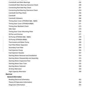 K&ouml;nnte beinhalten: Eine gedruckte Seite aus einem Handbuch mit einer Liste von Motorkomponenten und ihren zugeh&ouml;rigen Seitenzahlen. Die Liste enth&auml;lt Elemente wie "Cylinder Bore", "Crankshaft Rear Oil Seal" und "Fuel Injection Pump".