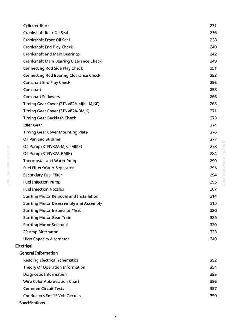 K&ouml;nnte beinhalten: Eine gedruckte Seite aus einem Handbuch mit einer Liste von Motorkomponenten und ihren zugeh&ouml;rigen Seitenzahlen. Die Liste enth&auml;lt Elemente wie "Cylinder Bore", "Crankshaft Rear Oil Seal" und "Fuel Injection Pump".