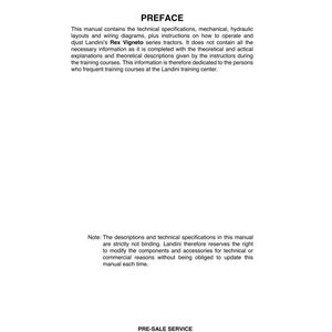 Puede incluir: Un documento blanco con el t&iacute;tulo "PREFACE" y texto que describe especificaciones t&eacute;cnicas, instrucciones y tractores Landini Rex Vigneto. Incluye el texto "PRE-SALE SERVICE Marzo 2007".