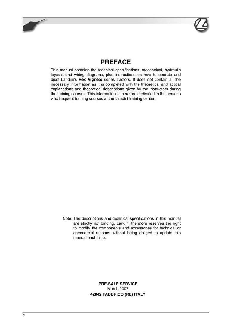Puede incluir: Un documento blanco con el t&iacute;tulo "PREFACE" y texto que describe especificaciones t&eacute;cnicas, instrucciones y tractores Landini Rex Vigneto. Incluye el texto "PRE-SALE SERVICE Marzo 2007".