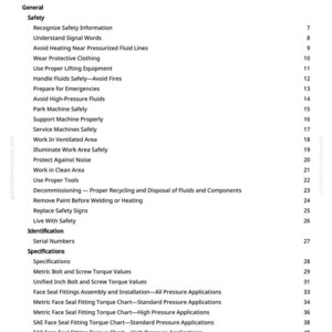 May include: A page from a manual titled "Table of Contents." The document lists safety topics, including recognizing safety information, avoiding high-pressure fluids, and using proper tools. Also included are specifications and torque values.