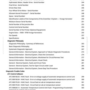 May include: A detailed table of contents from a manual, listing various topics related to agricultural machinery. The topics include serial numbers, diagnostic procedures, and electrical system information. The document is from greenfarmmanuals.com.