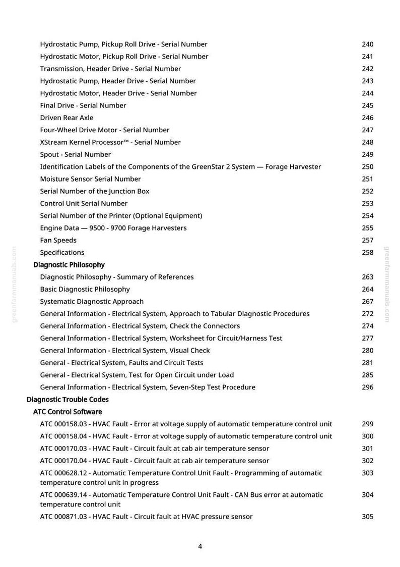 May include: A detailed table of contents from a manual, listing various topics related to agricultural machinery. The topics include serial numbers, diagnostic procedures, and electrical system information. The document is from greenfarmmanuals.com.