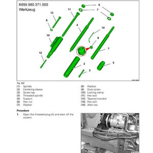 May include: Diagram of engine components, including spindles, screws, and bolts. The image includes the text "FENDT" and "Replace the injector sleeve." The diagram is labeled with part numbers and names.