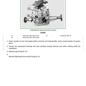 May include: Diagram showing a hydrostatic drive unit with labels A, B, and C, and a legend detailing cap screws. The text reads "Remove and Install Hydrostatic Drive" and includes instructions for removal and disassembly.